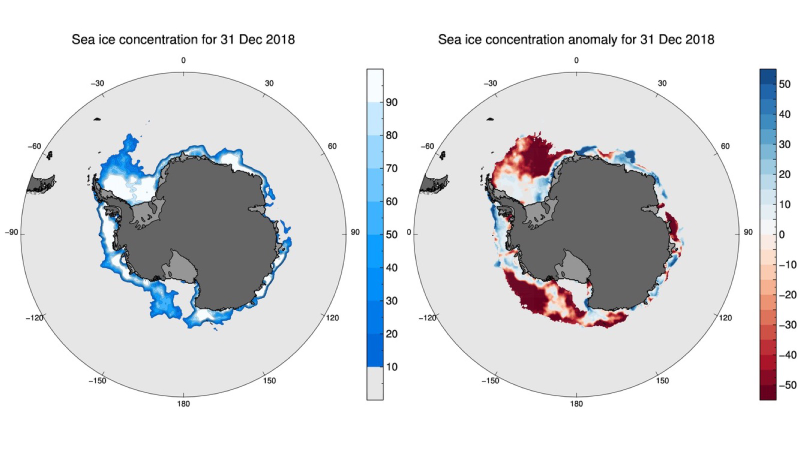 Sea ice concentration and anomaly maps for December 31, 2018